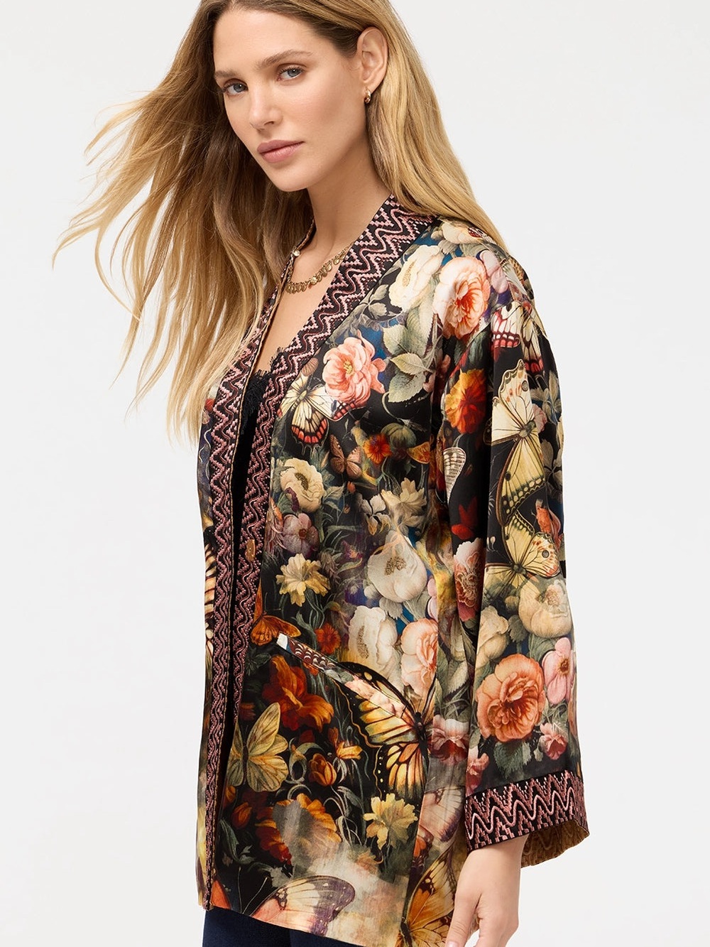 Johnny Was Black Floral & Butterfly Satin Kimono Robe
